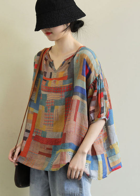 Diy Colorblock V Neck Geometric Print Linen Loose Tops Short Sleeve