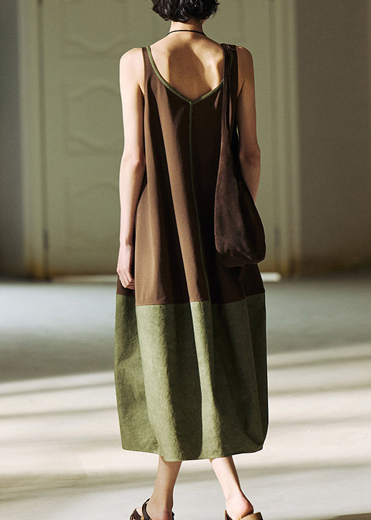 Diy Colorblock V Neck Patchwork Cotton Dresses Sleeveless