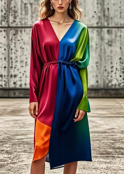 Diy Colorblock V Neck Patchwork Tie Dye Silk Dress Spring