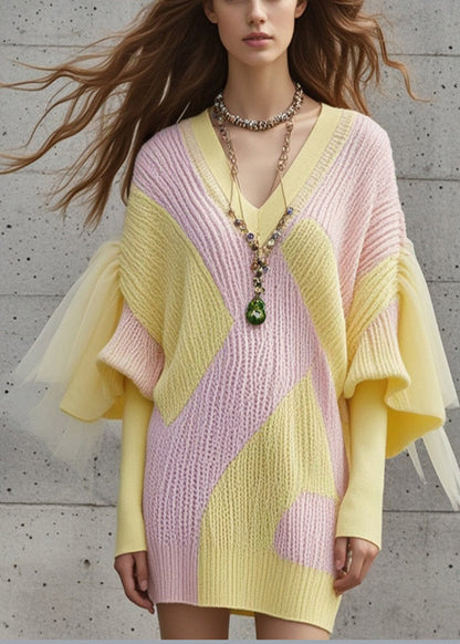 Diy Colorblock V Neck Patchwork Tulle Sweater Dress Fall