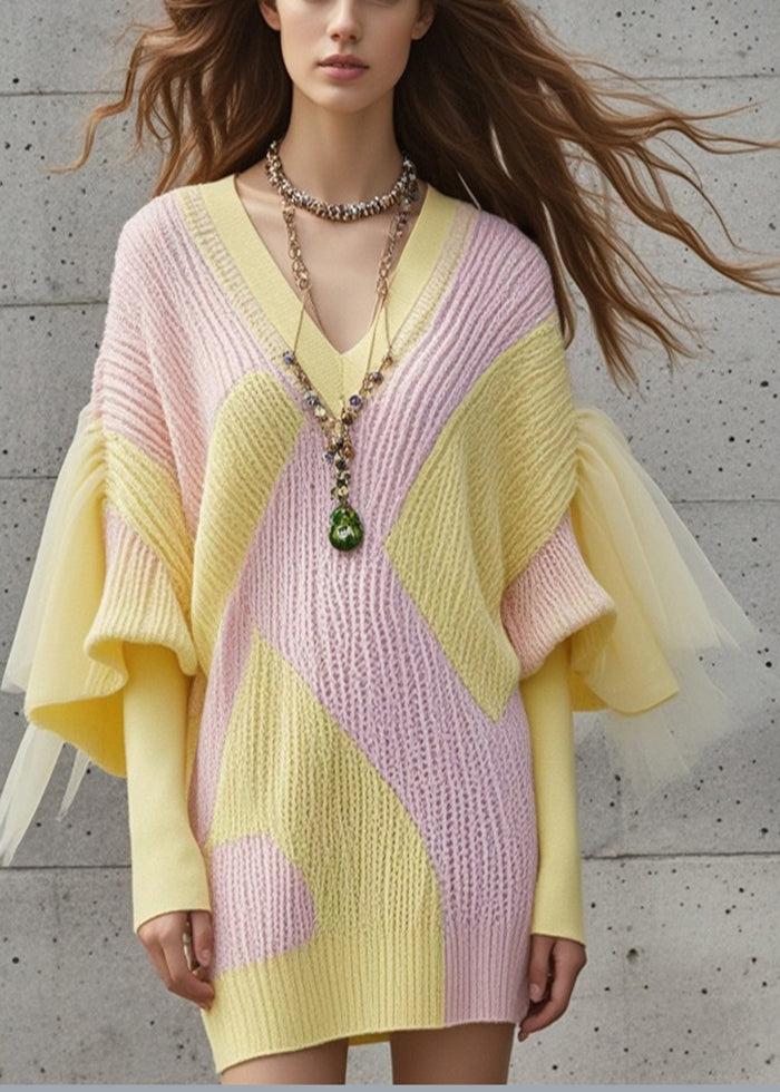 Diy Colorblock V Neck Patchwork Tulle Sweater Dress Fall