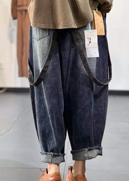 Diy Denim Blue Elastic Waist Pockets Cotton Harem Pants Spring