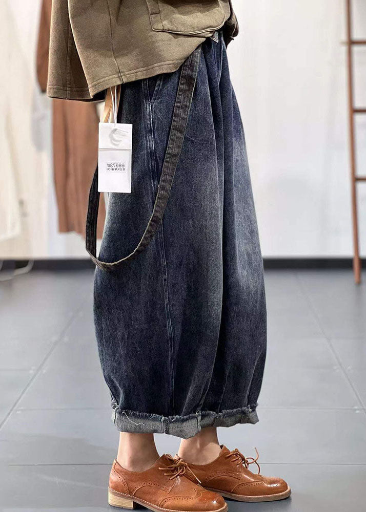 Diy Denim Blue Elastic Waist Pockets Cotton Harem Pants Spring