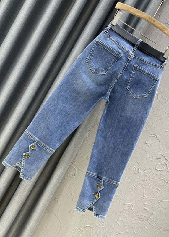 Diy Denim Blue High Waist Sashes Crop Pants Summer