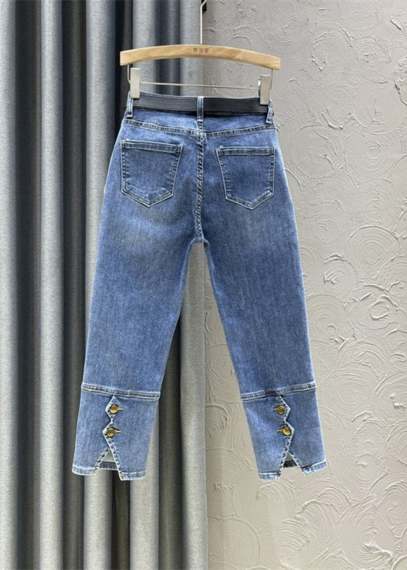 Diy Denim Blue High Waist Sashes Crop Pants Summer