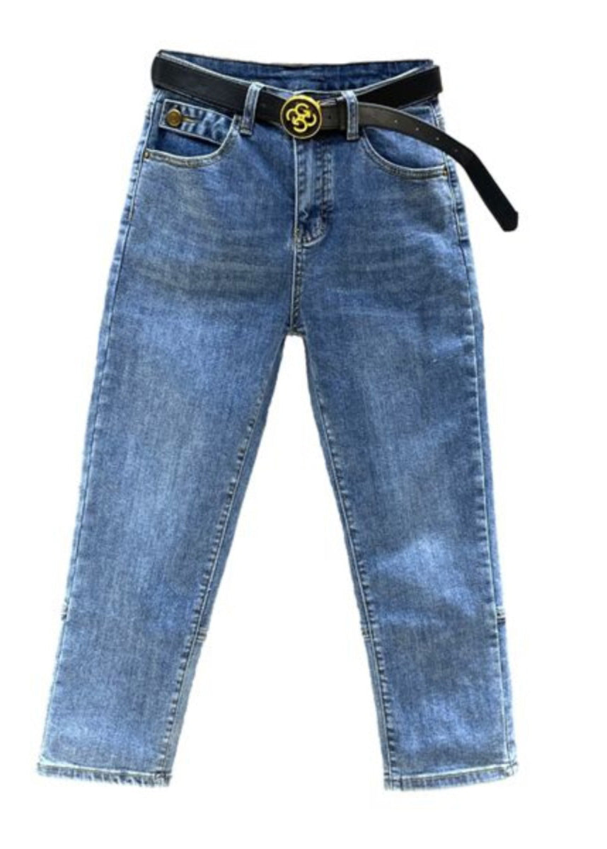 Diy Denim Blue High Waist Sashes Crop Pants Summer