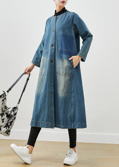 Diy Denim Blue O-neck Pockets Cotton Trench Coat Fall