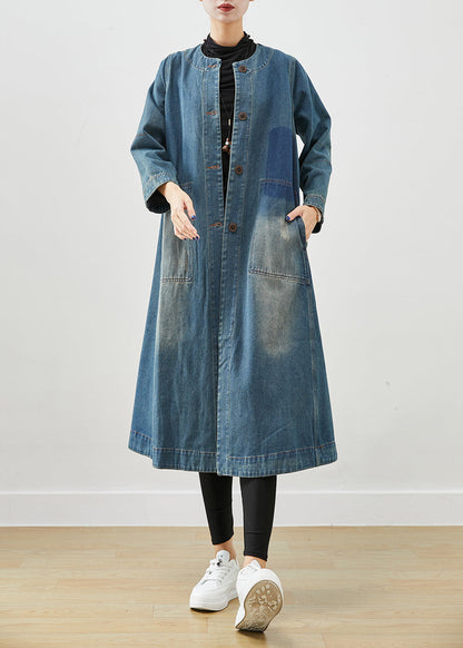 Diy Denim Blue O-neck Pockets Cotton Trench Coat Fall
