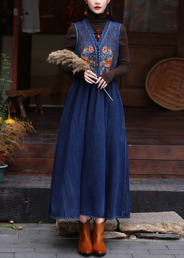 Diy Denim Blue V Neck Embroidered Patchwork Maxi Denim Vest Dress Sleeveless