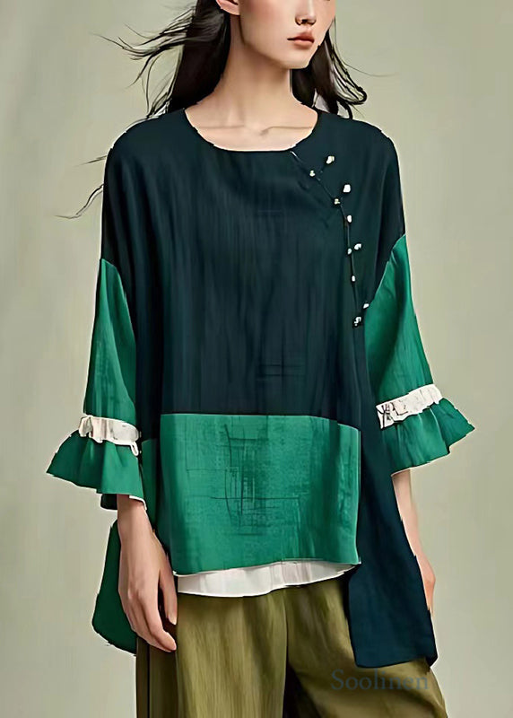Diy Dull Green Asymmetrical Patchwork Linen Shirt Tops Flare Sleeve