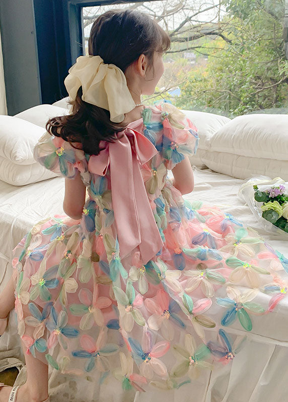 Diy Wrinkled Patchwork Tulle Kids Dresses Puff Sleeve