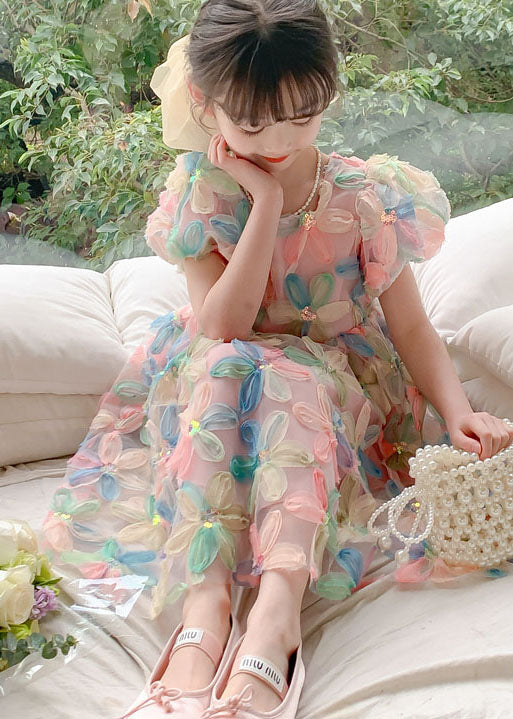 Diy Wrinkled Patchwork Tulle Kids Dresses Puff Sleeve