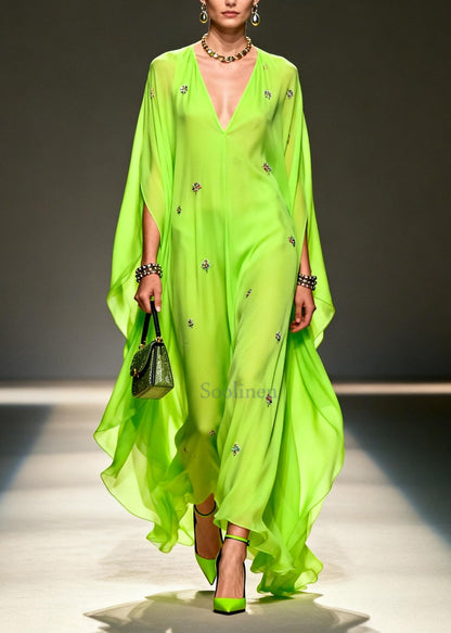 Diy Fluorescent Green Embroidered Chiffon Maxi Dresses Batwing Sleeve