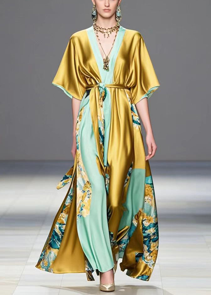 Diy Golden Tie Waist Print Silk Maxi Dress Summer