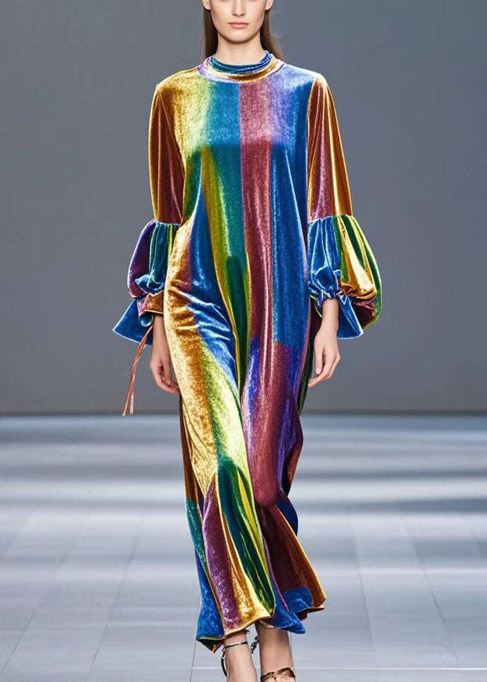 Diy Gradient Color Tie Dye Silk Velvet Long Dress Lantern Sleeve