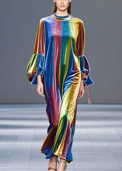 Diy Gradient Color Tie Dye Silk Velvet Long Dress Lantern Sleeve