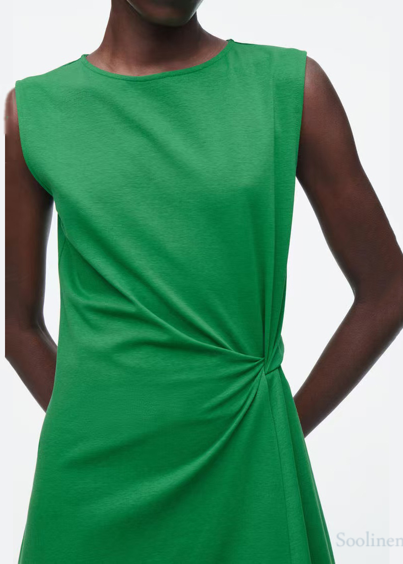 Diy Green Asymmetrical Wrinkled Cotton Dress Sleeveless