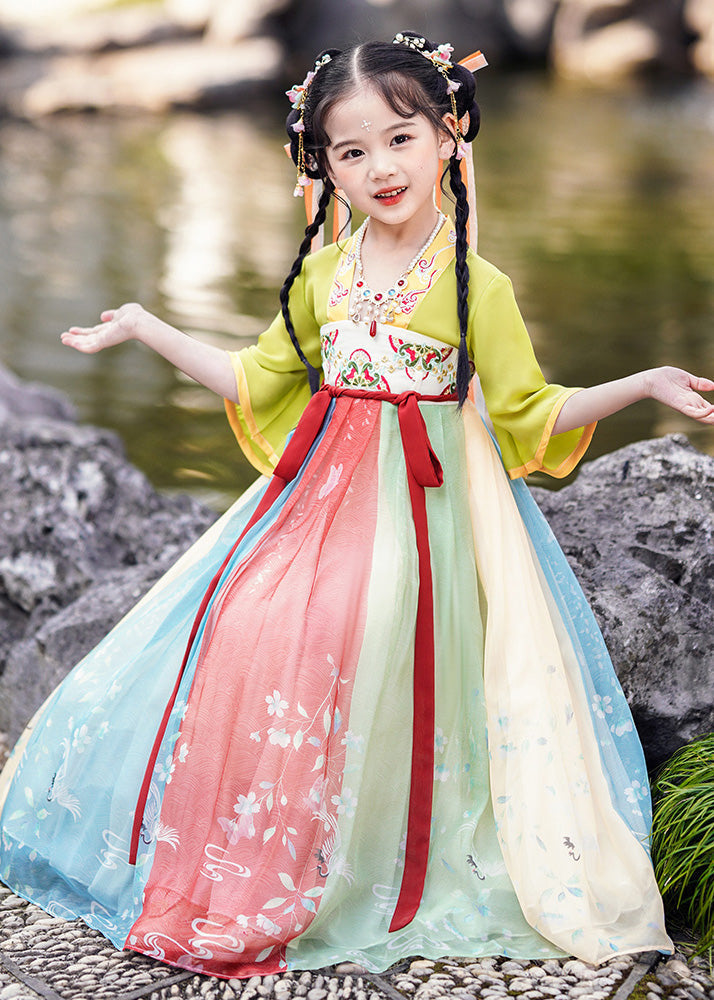 Diy Green Embroideried Patchwork Tie Waist Tulle Kids Long Dresses Short Sleeve