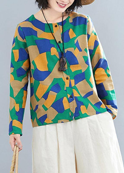 DIY Green Geometric Clothes For Women O Neck Button Down Plus Size Clothing Tops
