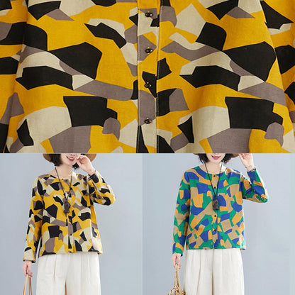 DIY Green Geometric Clothes For Women O Neck Button Down Plus Size Clothing Tops
