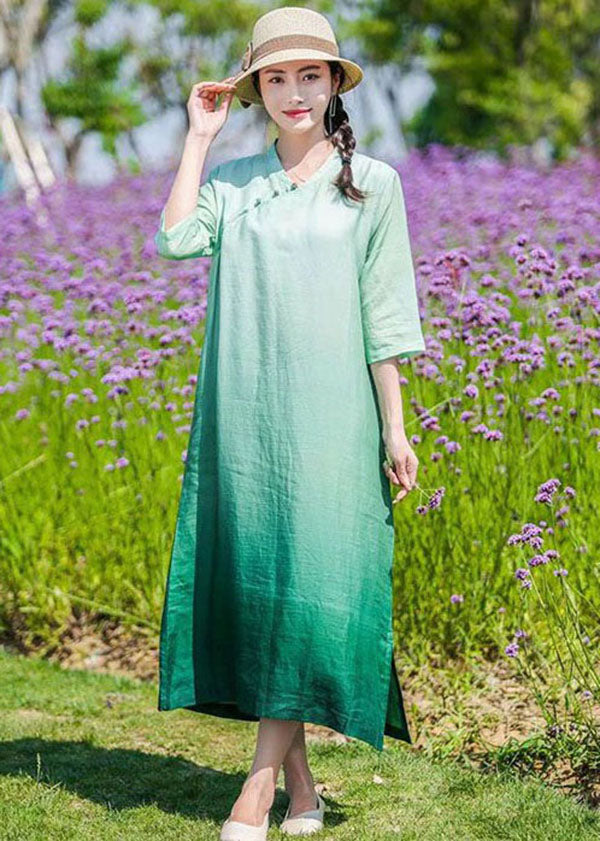 Diy Green Gradient Button Patchwork Linen Dresses Bracelet Sleeve