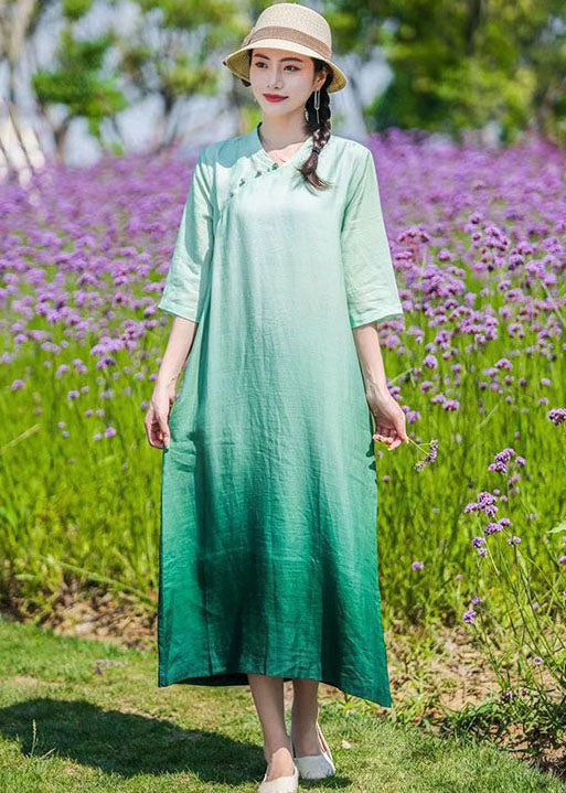 Diy Green Gradient Button Patchwork Linen Dresses Bracelet Sleeve