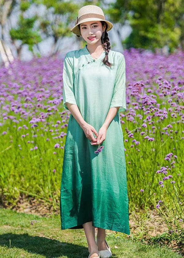 Diy Green Gradient Button Patchwork Linen Dresses Bracelet Sleeve