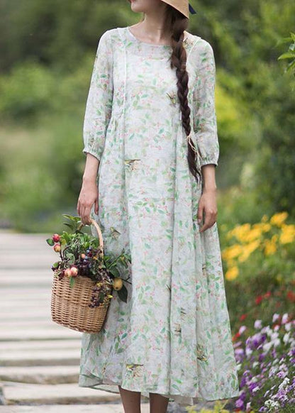 Diy Green Leaves Quilting Dresses O Neck Lantern Sleeve Robes Summer Dresses