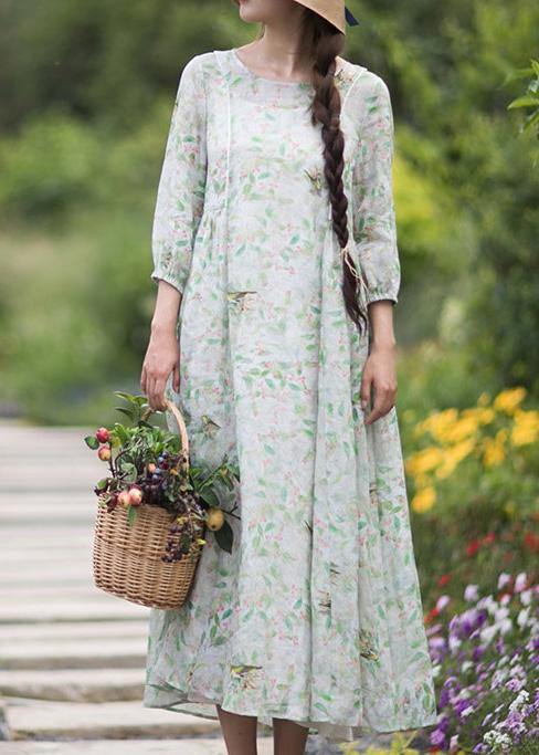 Diy Green Leaves Quilting Dresses O Neck Lantern Sleeve Robes Summer Dresses