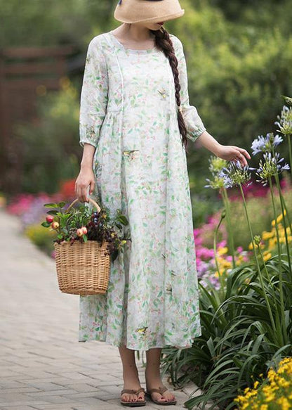 Diy Green Leaves Quilting Dresses O Neck Lantern Sleeve Robes Summer Dresses