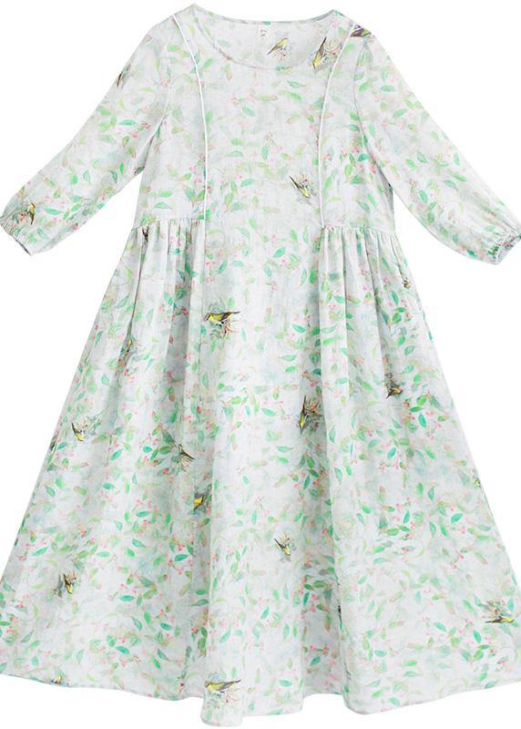 Diy Green Leaves Quilting Dresses O Neck Lantern Sleeve Robes Summer Dresses