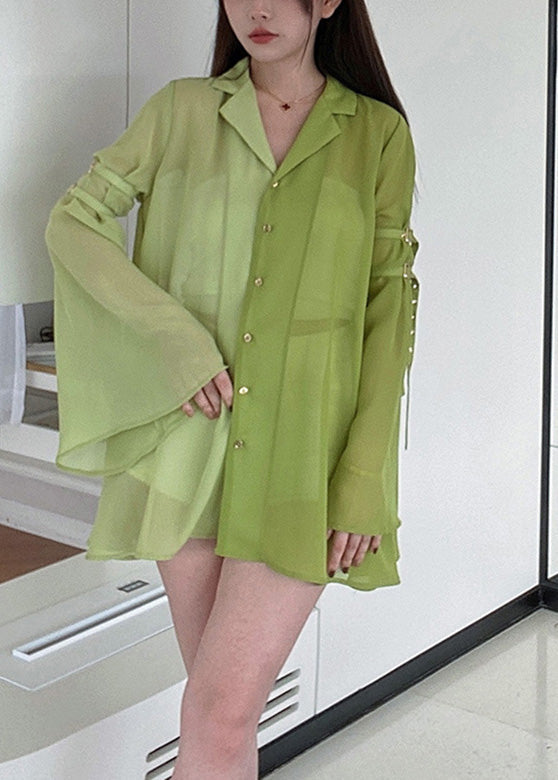Diy Green Notched Patchwork Chiffon Shirt Spring