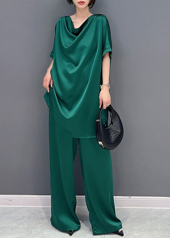 Diy Green O-neck Top and Wide Leg Pants Two Pieces Set Short Sleeve