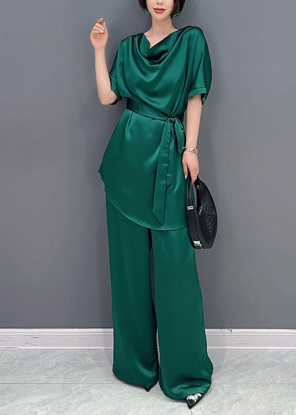 Diy Green O-neck Top and Wide Leg Pants Two Pieces Set Short Sleeve