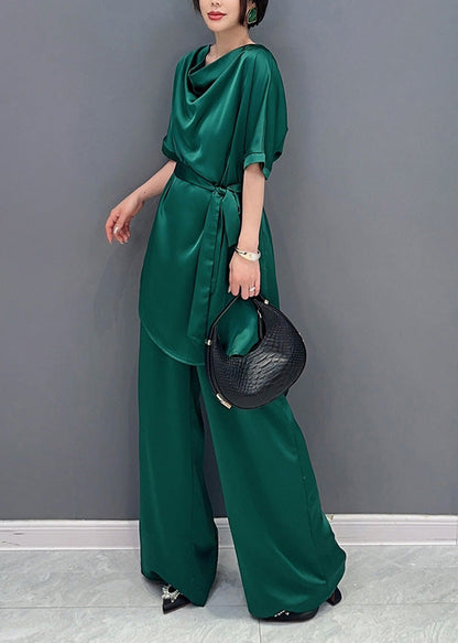 Diy Green O-neck Top and Wide Leg Pants Two Pieces Set Short Sleeve