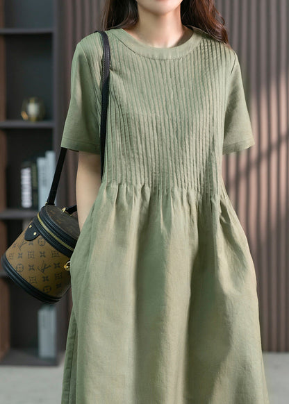 Diy Green O-neck Wrinkled Linen Maxi Dress Short Sleeve