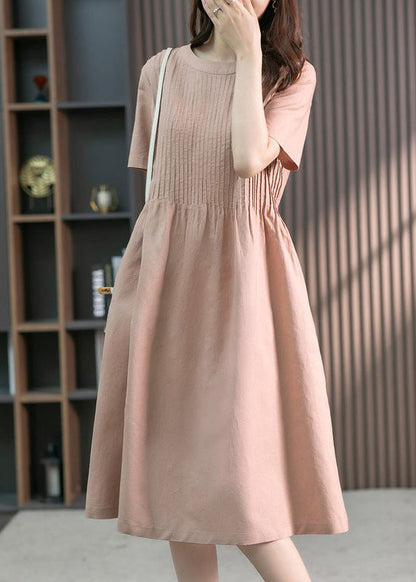 Diy Green O-neck Wrinkled Linen Maxi Dress Short Sleeve