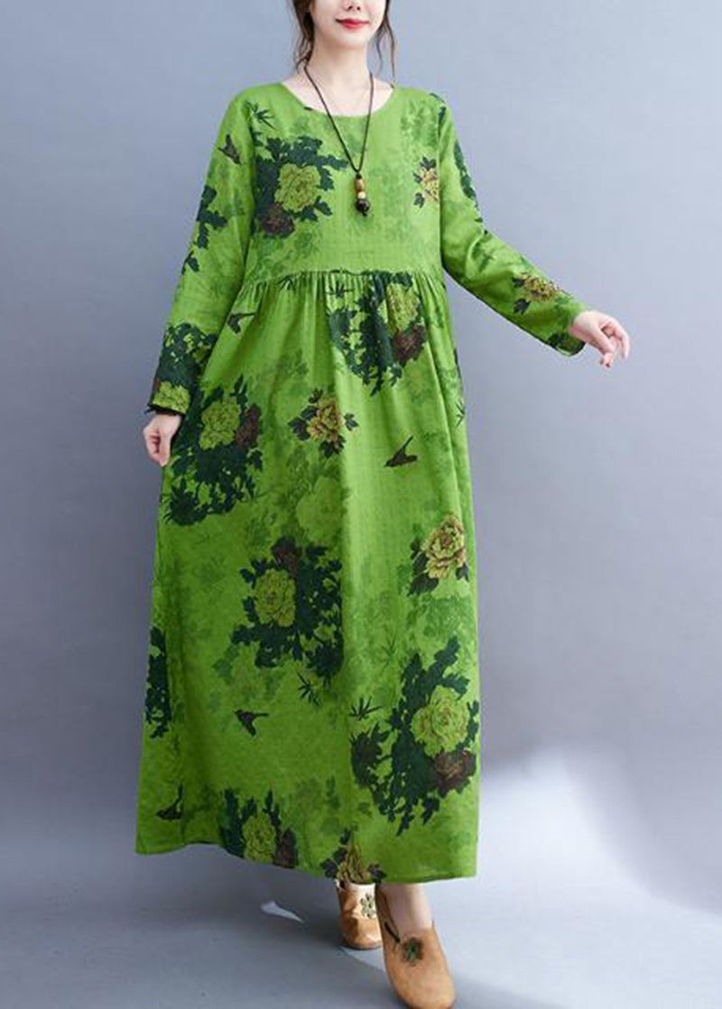 Diy Green Oversized Print Cotton Ankle Dress Spring