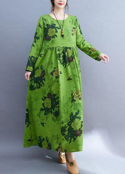 Diy Green Oversized Print Cotton Ankle Dress Spring