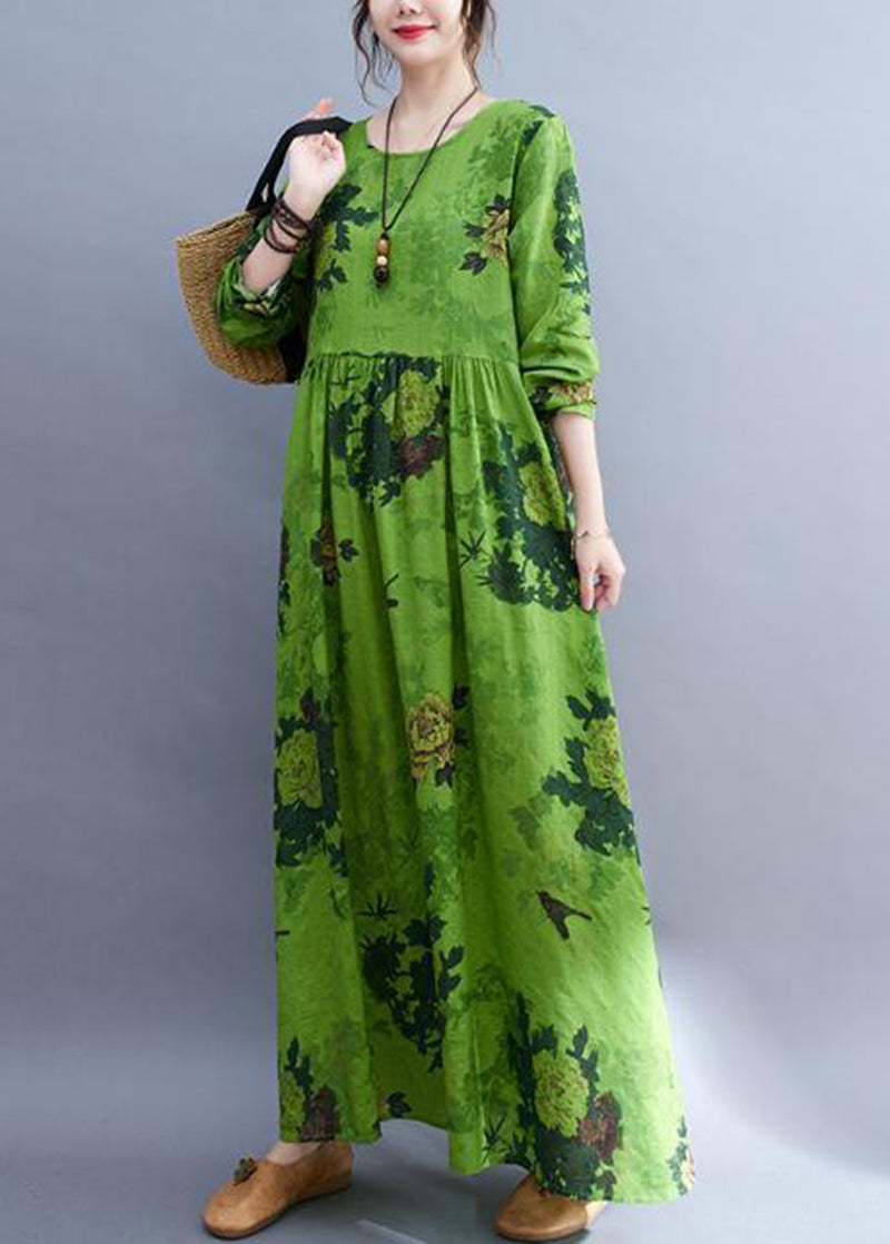 Diy Green Oversized Print Cotton Ankle Dress Spring