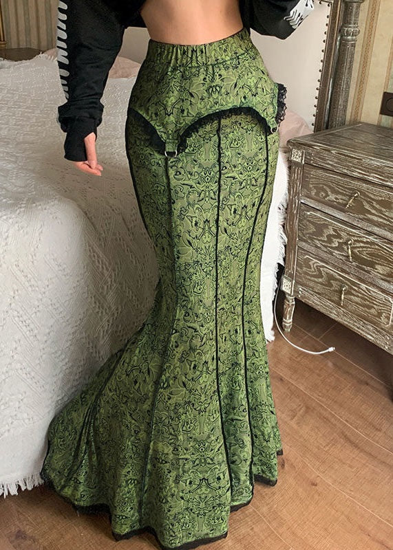Diy Green Patchwork Lace Print High Waist Cotton Skirt Spring