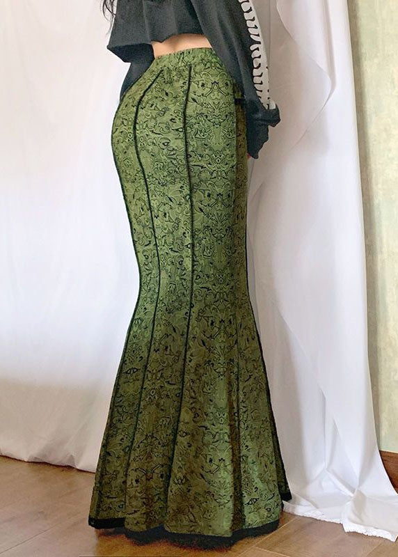 Diy Green Patchwork Lace Print High Waist Cotton Skirt Spring