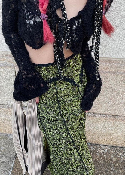 Diy Green Patchwork Lace Print High Waist Cotton Skirt Spring