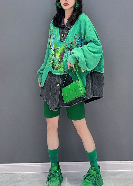 Diy Green Peter Pan Collar False Two Pieces Patchwork Denim Tops Long Sleeve