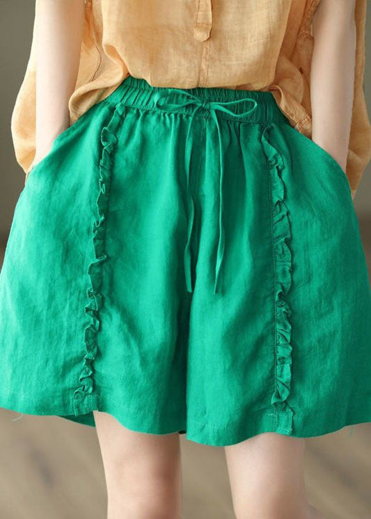 Diy Green Pockets Ruffled Patchwork Linen Hot Pants Summer