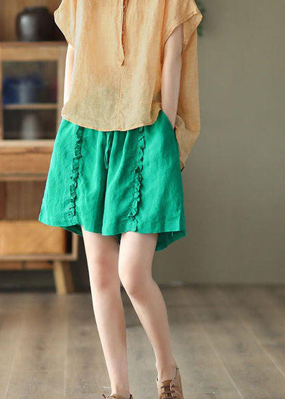 Diy Green Pockets Ruffled Patchwork Linen Hot Pants Summer