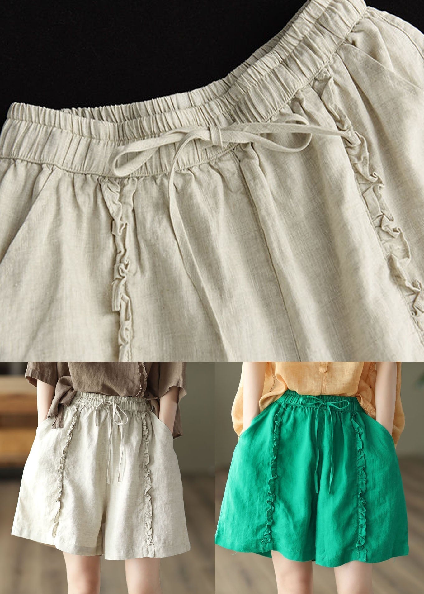 Diy Green Pockets Ruffled Patchwork Linen Hot Pants Summer