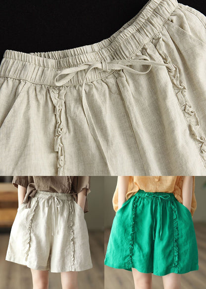 Diy Green Pockets Ruffled Patchwork Linen Hot Pants Summer