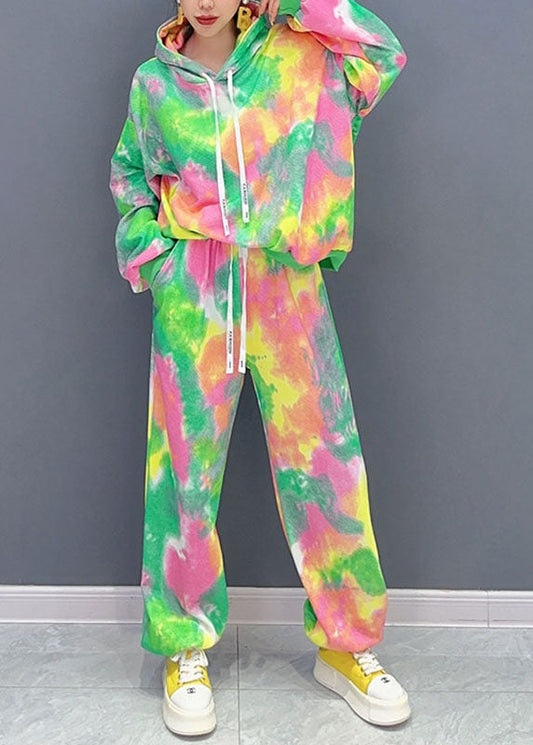 Diy Green Print Hooded Coats and Lantern Pants Two Piece Set Long Sleeve