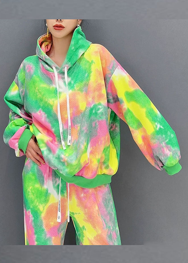 Diy Green Print Hooded Coats and Lantern Pants Two Piece Set Long Sleeve